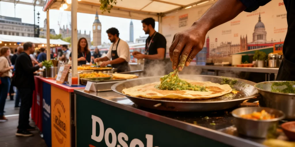 Live dosa station at South Indian catering event in London with chef preparing fresh dosa