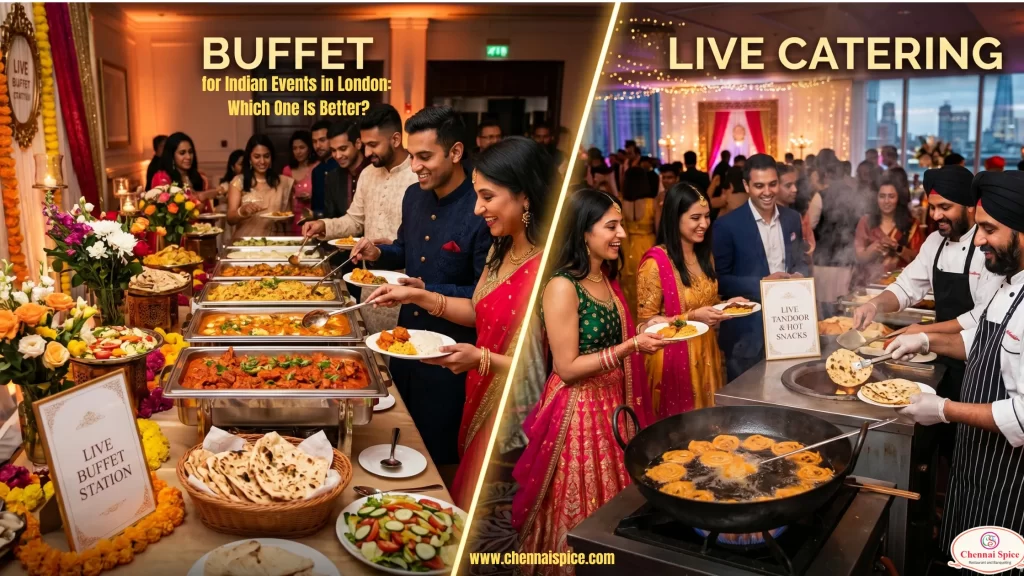 buffet vs live catering for indian events in london showing buffet service and live cooking station