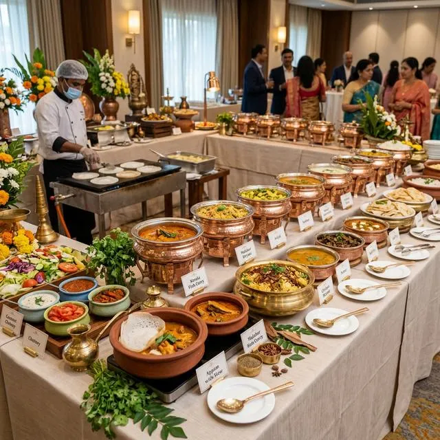 South Indian Wedding Catering Cost guide featuring an elegant buffet setup with live cooking stations, authentic Tamil cuisine, and wedding guests at a reception venue.