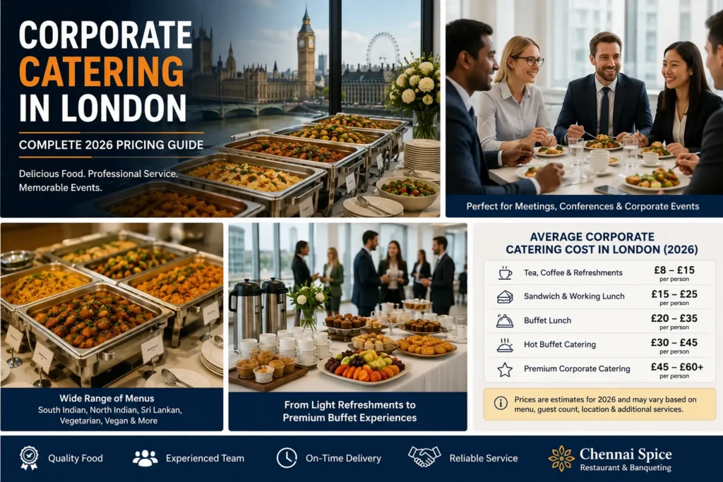 Infographic showing corporate catering cost in London for 2026 with per-person pricing, buffet packages, business event catering, and South Indian catering options.